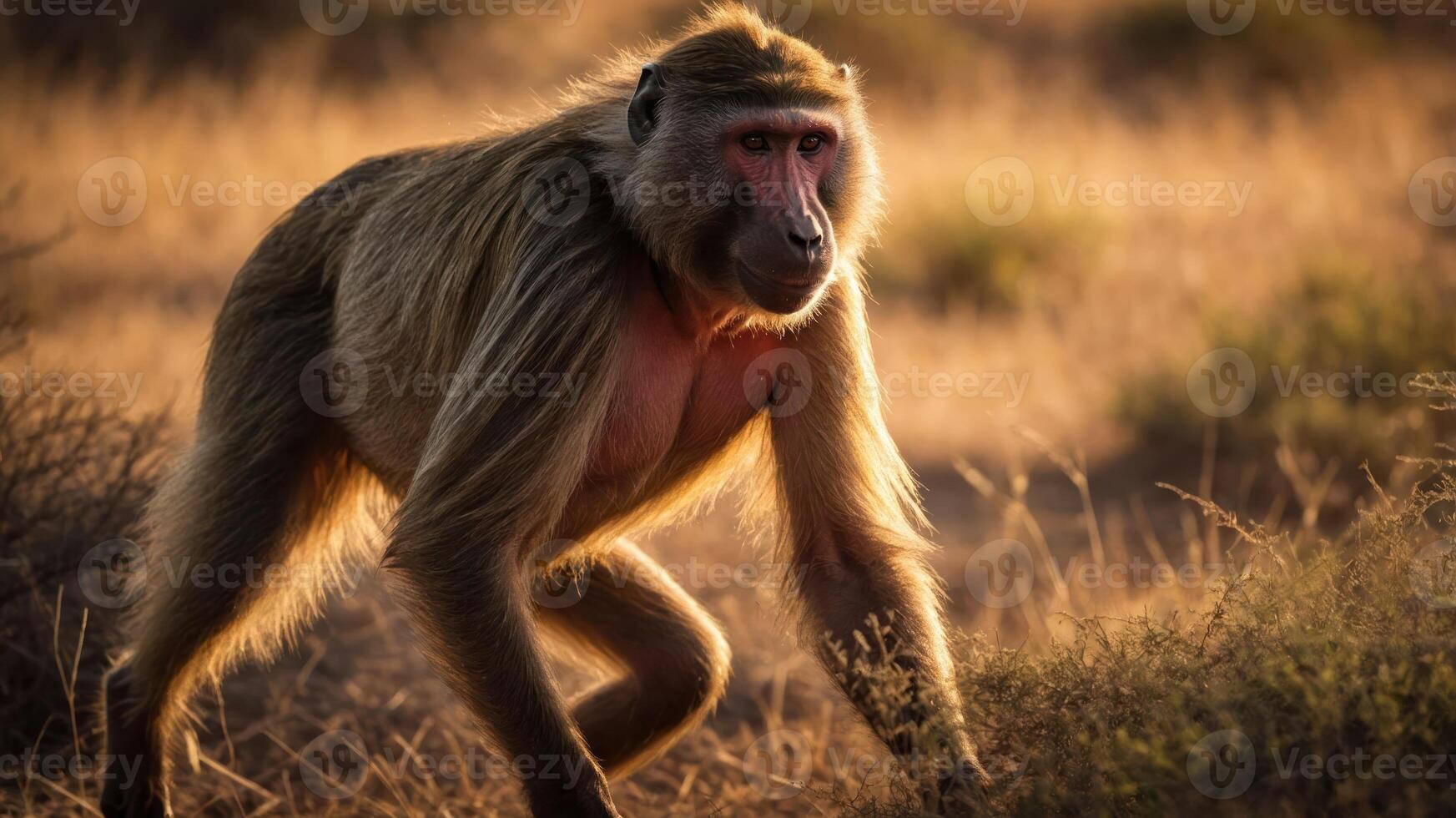 A baboon walking through a sunlit grassland, showcasing its natural habitat. photo