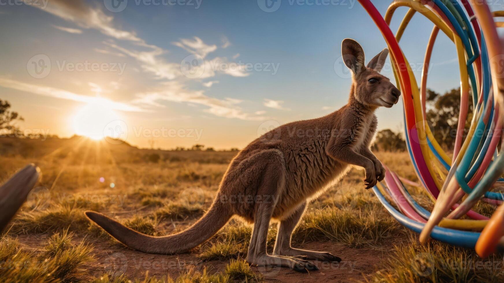 A kangaroo stands near colorful hoops at sunset in a natural setting. photo