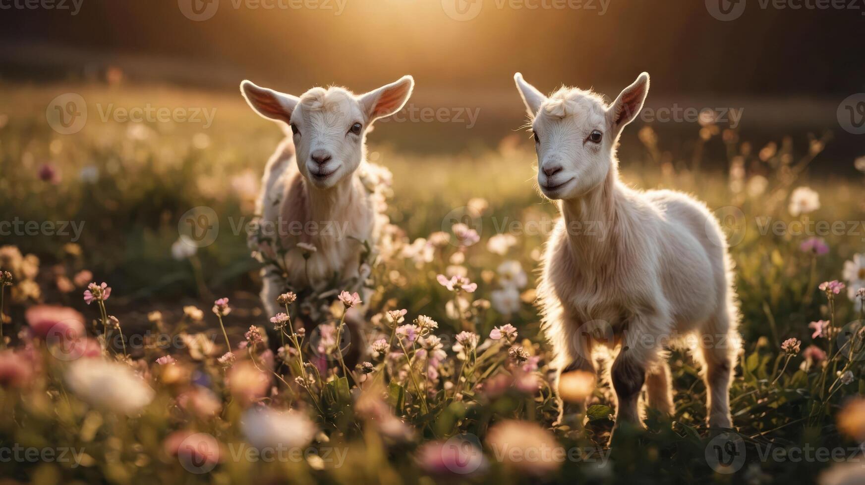 Two playful goats in a flower-filled meadow during golden hour. photo