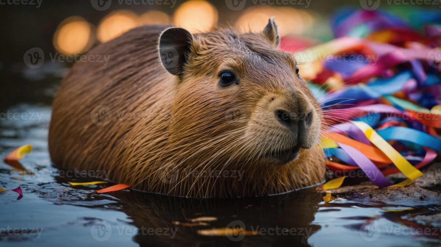 A capybara swimming in water surrounded by colorful ribbons. photo