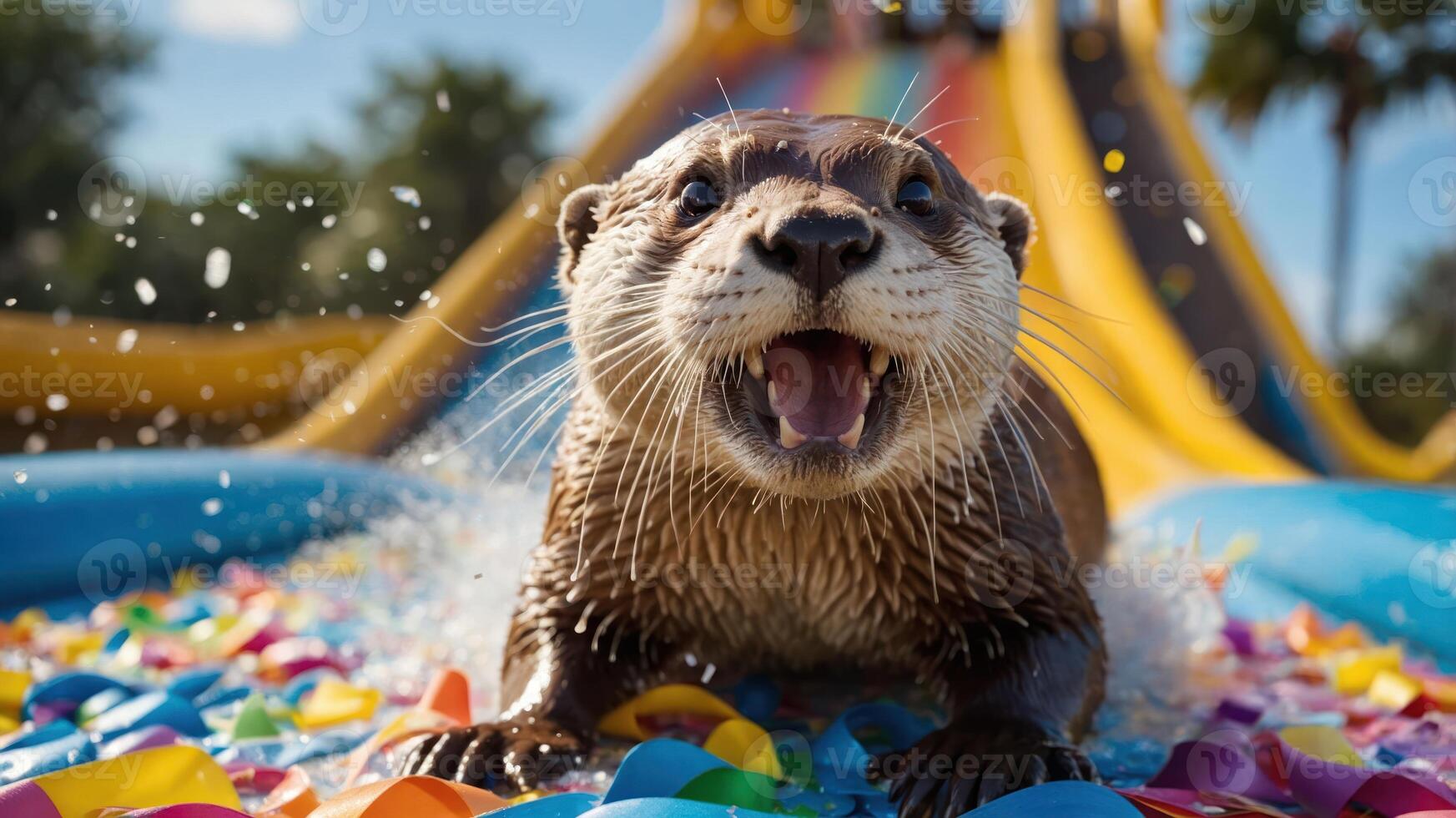 An otter joyfully splashes on a colorful slide, surrounded by festive decorations. photo