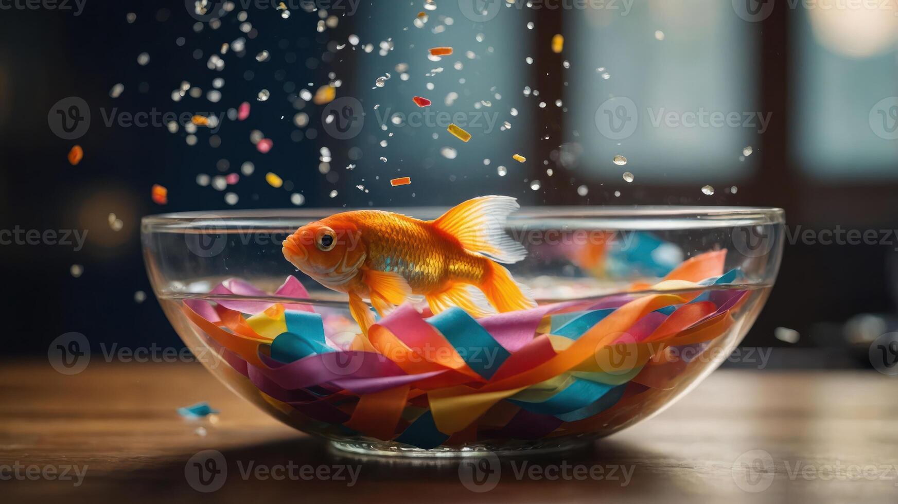 A goldfish swims in a bowl filled with colorful paper strips and confetti. photo