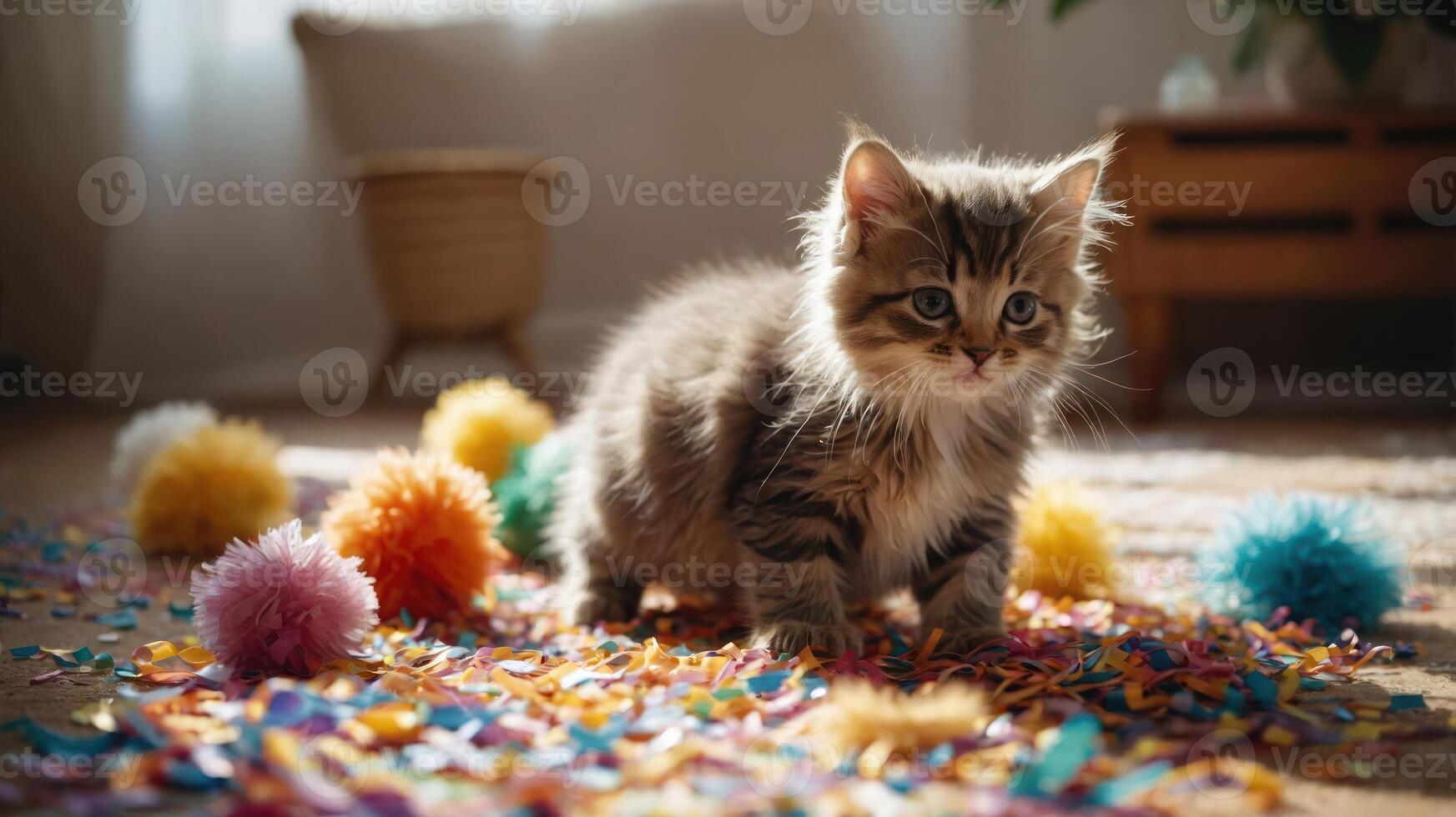 A playful kitten surrounded by colorful confetti and pom-poms, creating a festive atmosphere. photo