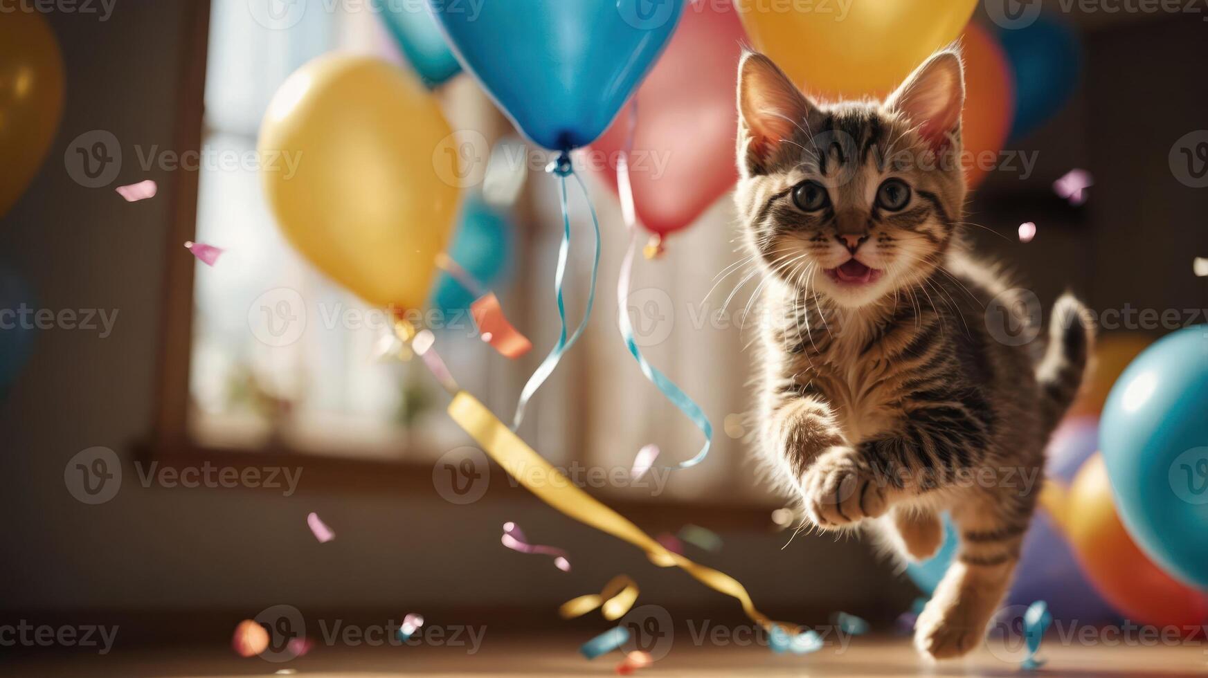 A playful kitten surrounded by colorful balloons, celebrating a joyful occasion. photo