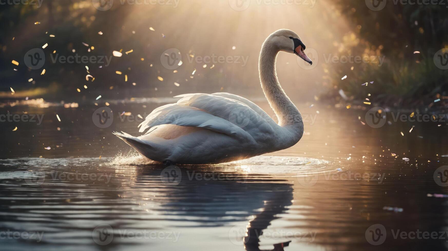 A serene swan glides gracefully on a sunlit lake, surrounded by gentle ripples and soft light. photo