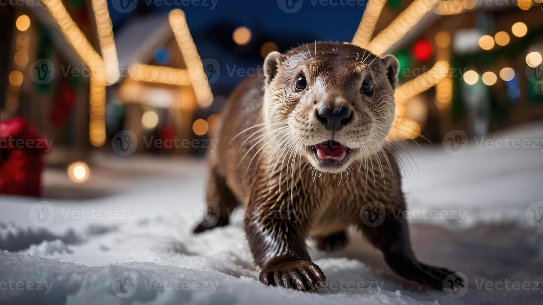 A playful otter in a snowy setting, illuminated by festive lights. photo