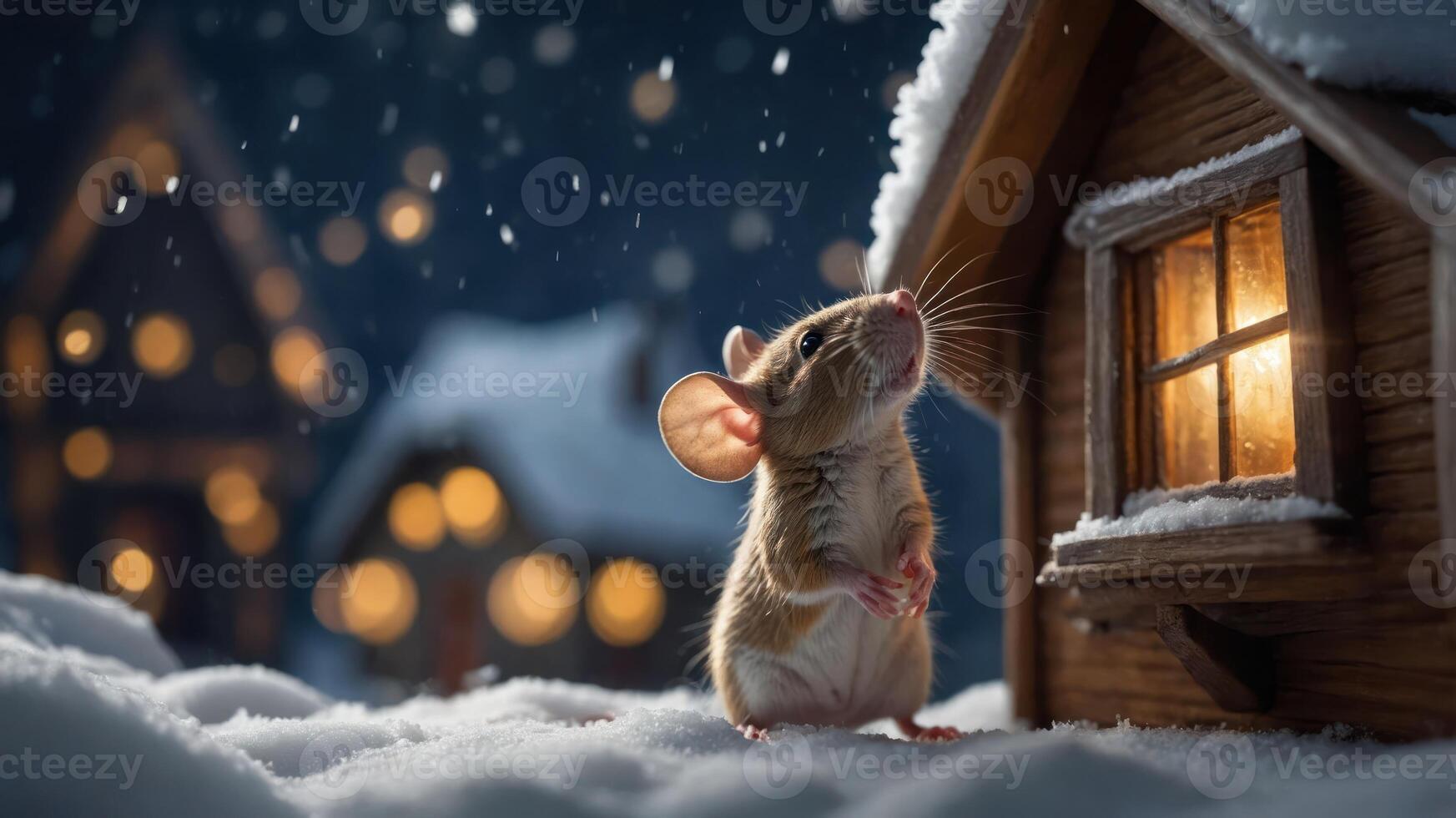 A small mouse gazes at a warmly lit house amidst a snowy landscape at night. photo