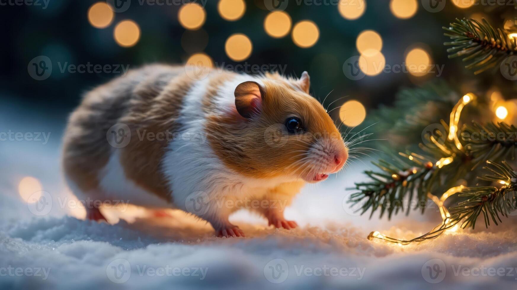 A cute hamster near a decorated tree, surrounded by soft snow and twinkling lights. photo