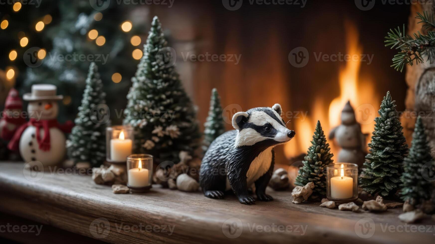 A cozy holiday scene featuring a badger figurine amidst candles and miniature trees. photo