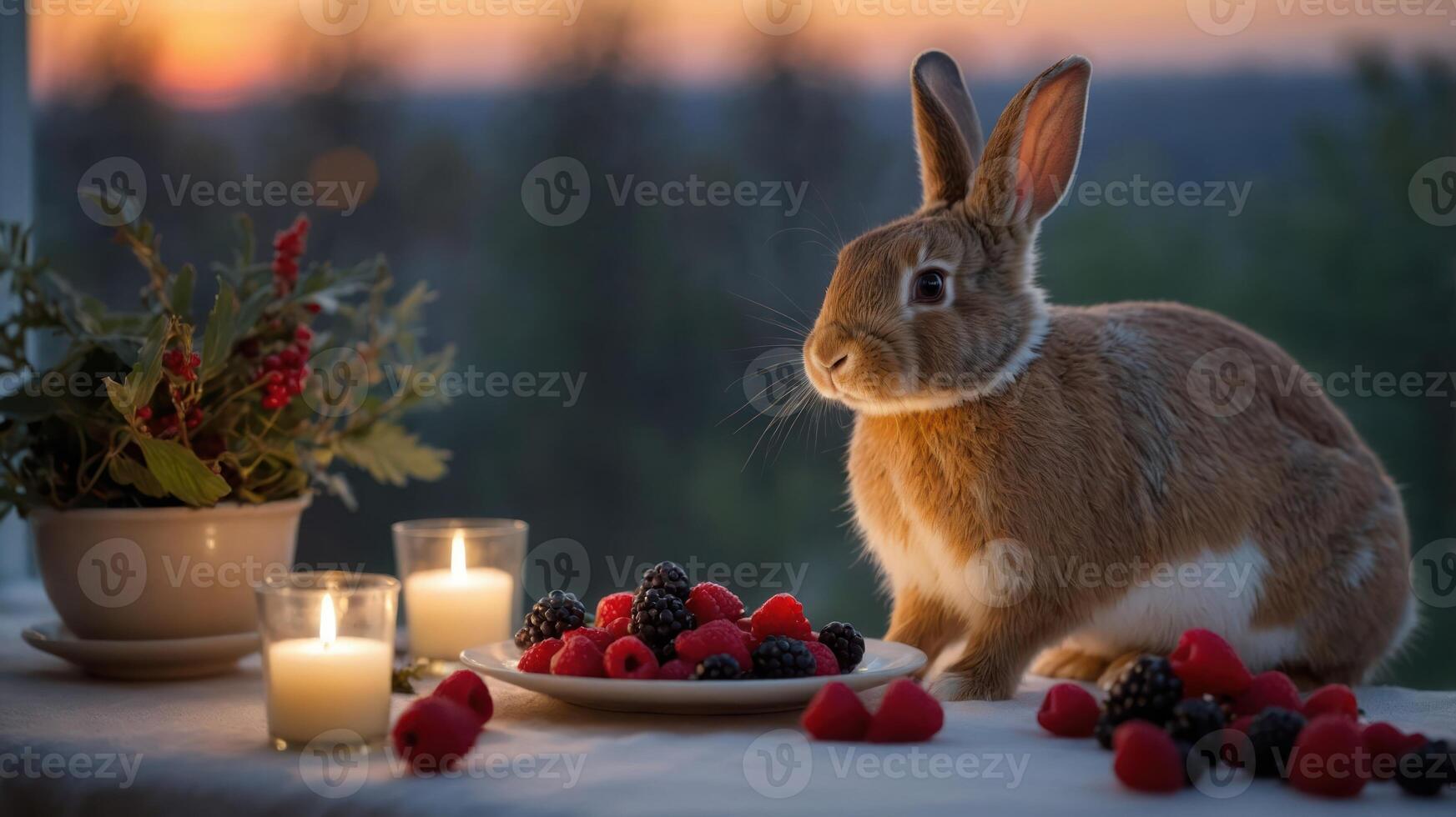 A rabbit surrounded by berries and candles at sunset, creating a serene atmosphere. photo