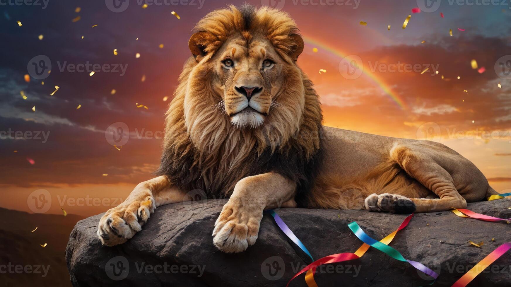 A majestic lion lounges on a rock, set against a vibrant sunset and rainbow. photo