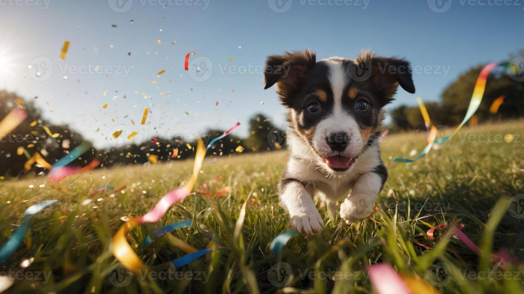 A playful puppy running through a field, surrounded by colorful confetti. photo