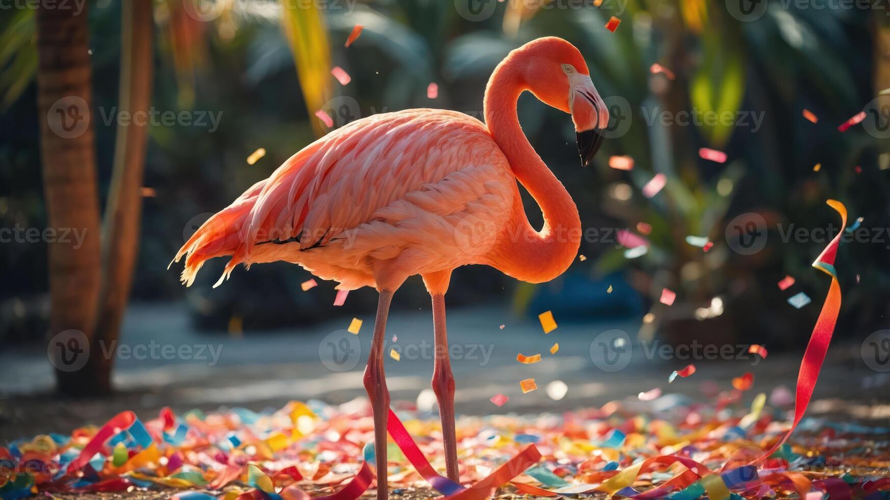 A vibrant flamingo stands amidst colorful confetti on the ground, surrounded by lush greenery. photo