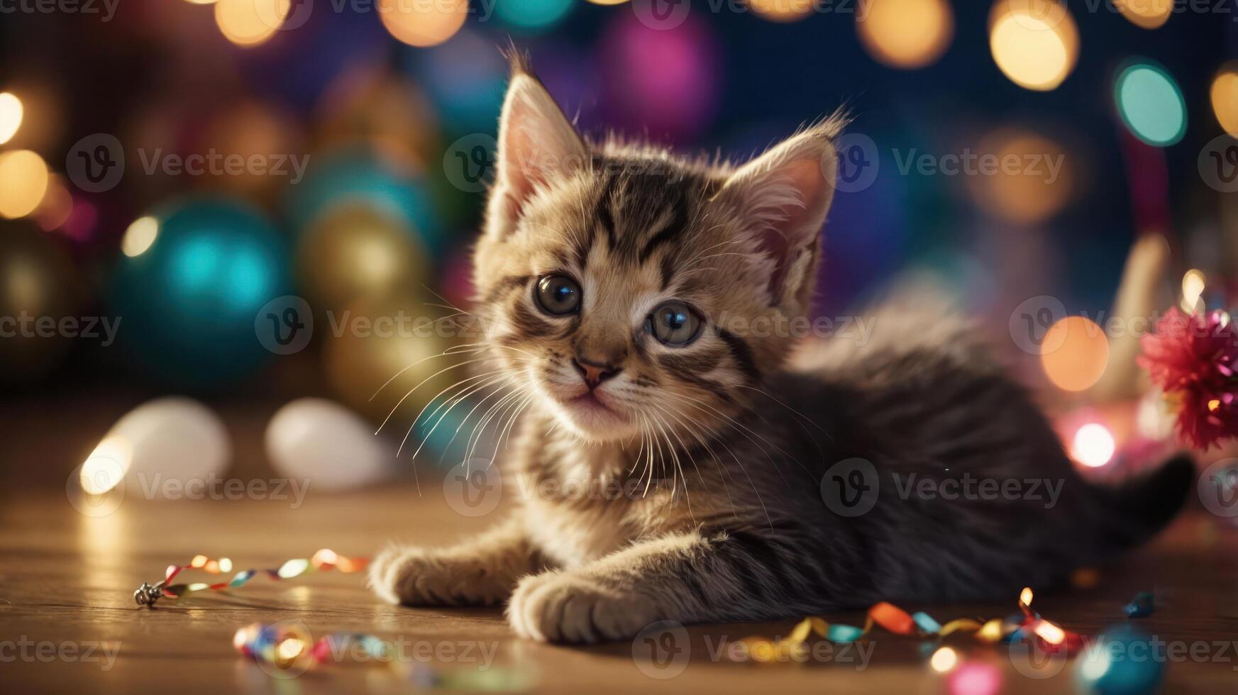 A playful kitten surrounded by colorful decorations and lights. photo