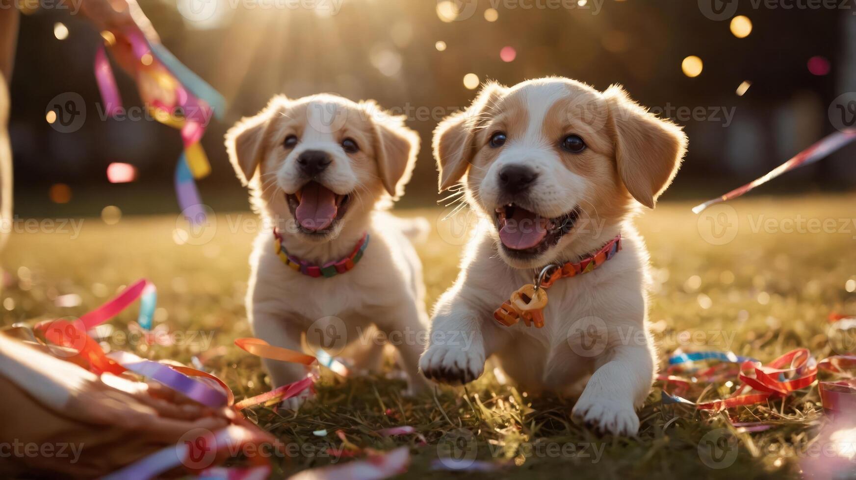 Two playful puppies running in a festive outdoor setting, surrounded by colorful confetti. photo