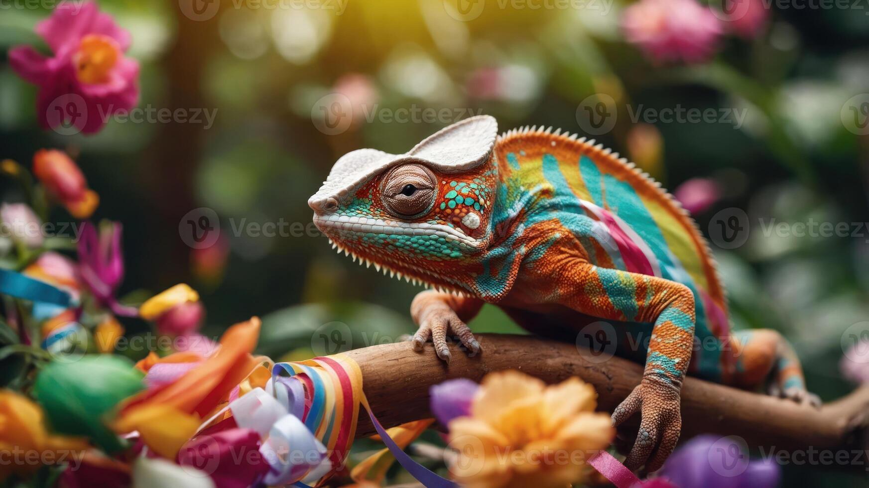 A vibrant chameleon perched on a branch surrounded by colorful flowers. photo