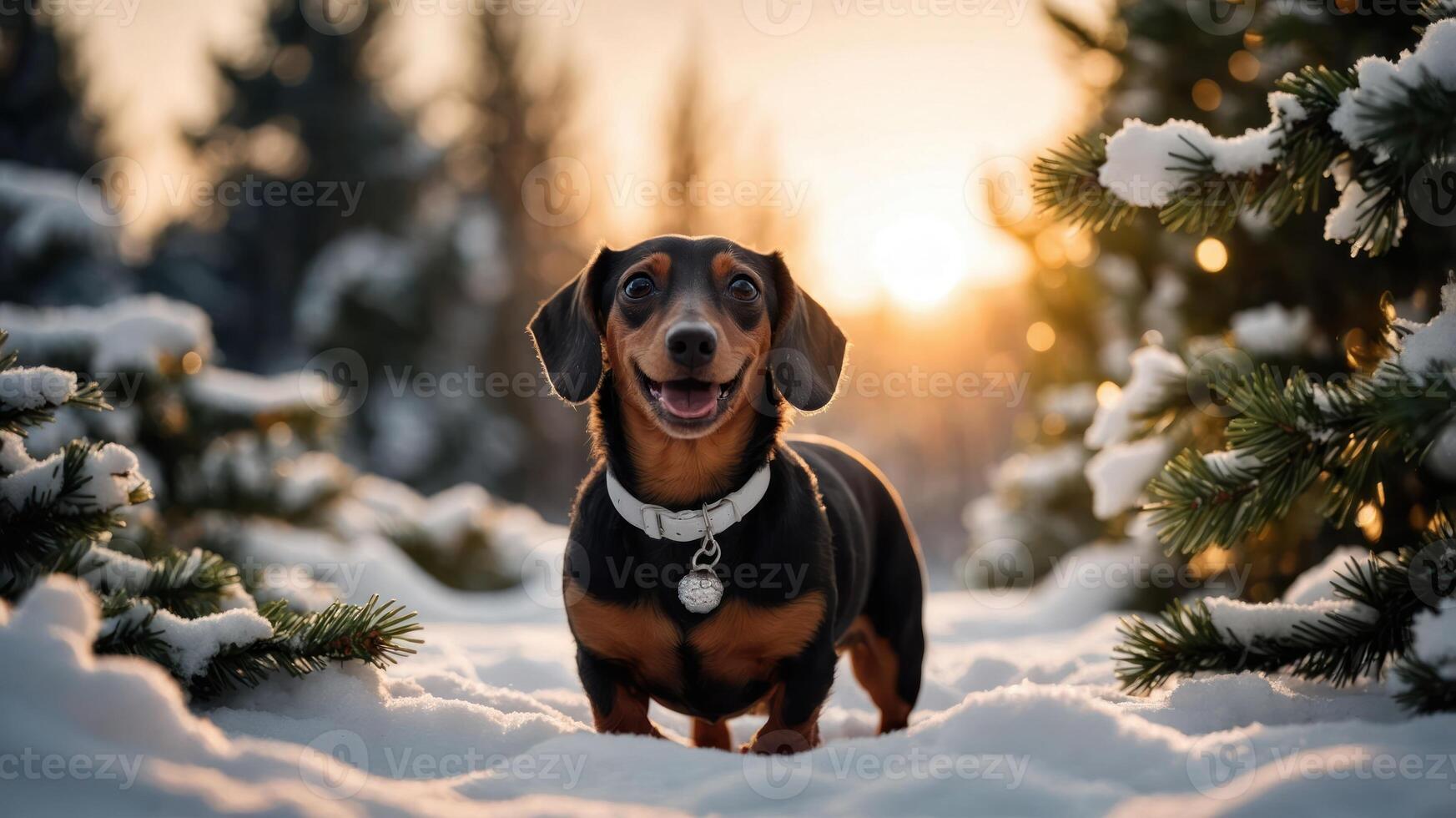 A cheerful dachshund standing in snow with trees at sunset. photo