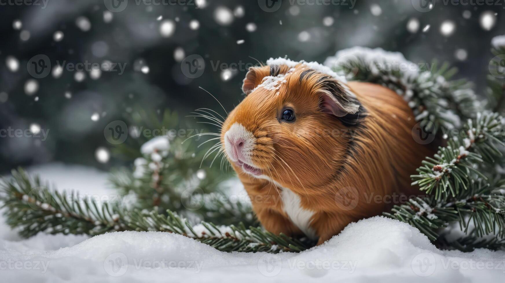 A guinea pig nestled in snow-covered pine branches during a serene winter scene. photo
