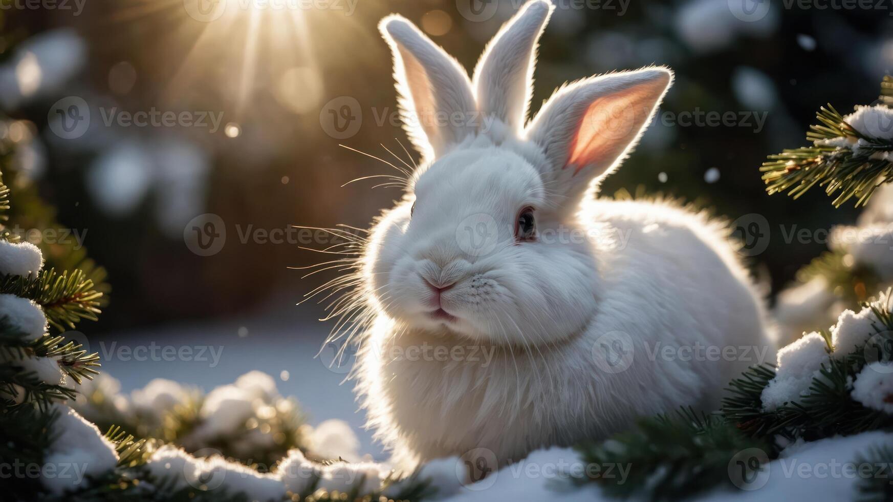A serene white rabbit sitting in a snowy landscape with sunlight filtering through trees. photo