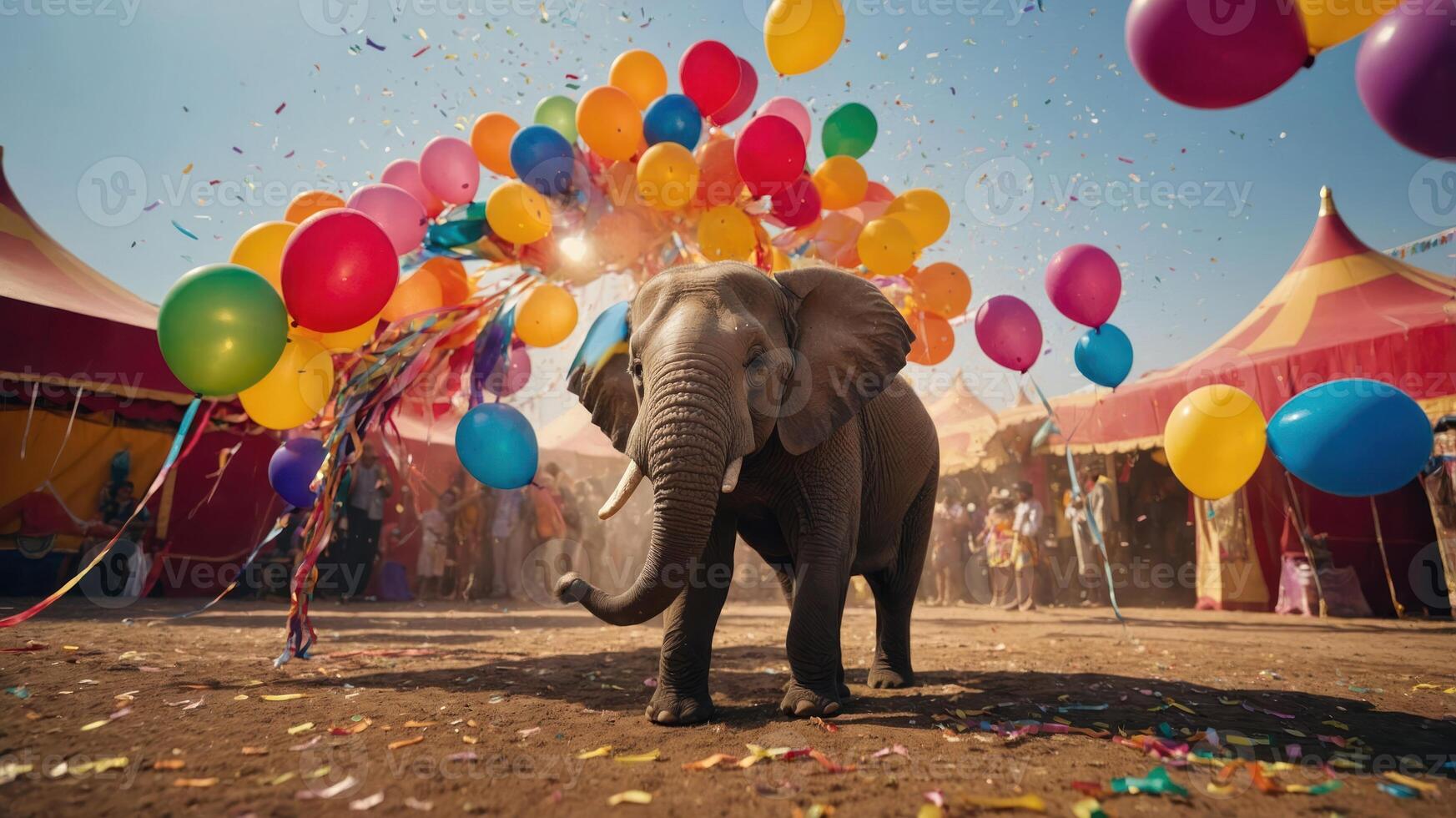 An elephant surrounded by colorful balloons and confetti at a festive circus setting. photo
