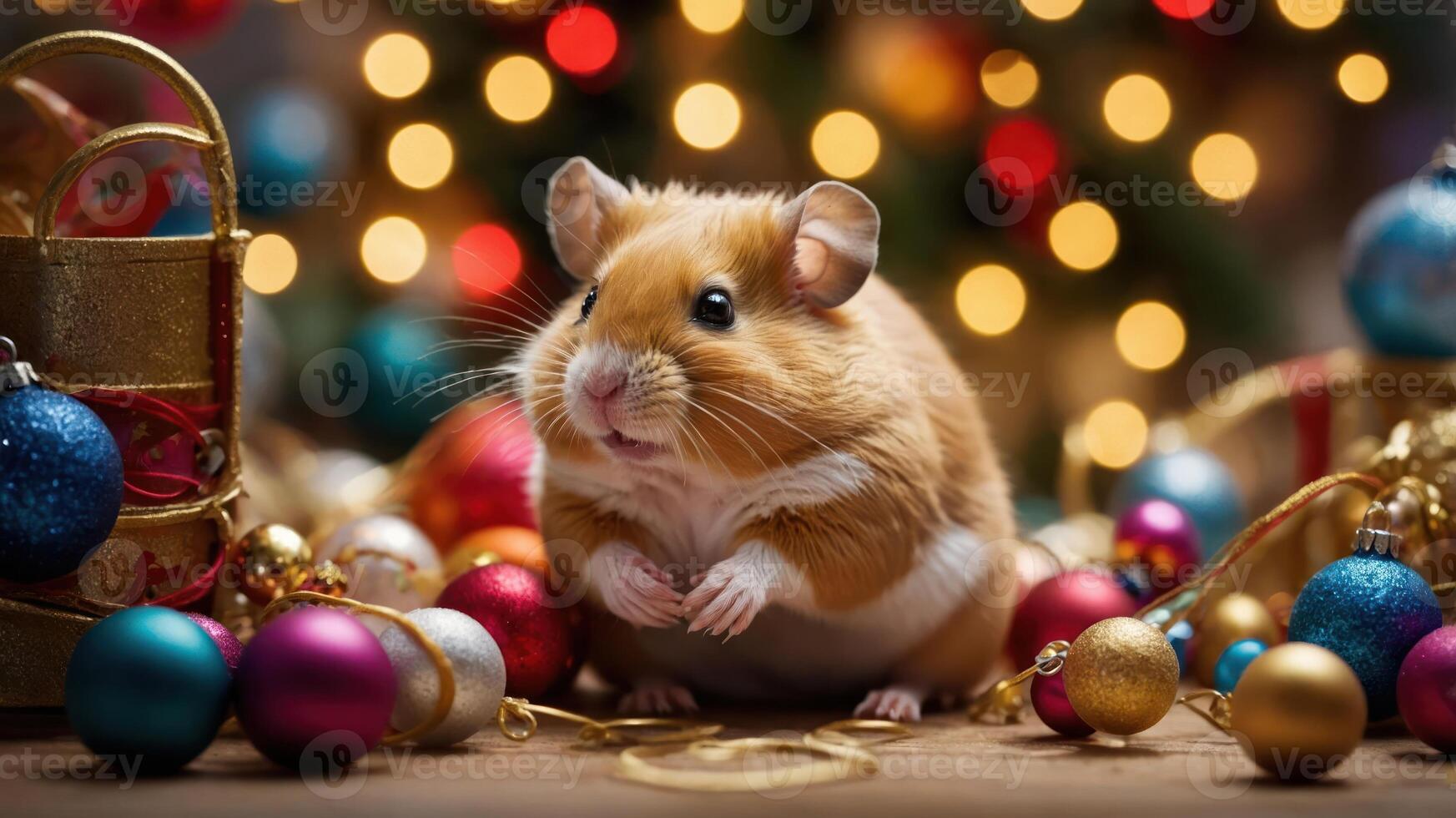 A cute hamster surrounded by colorful Christmas ornaments and decorations. photo