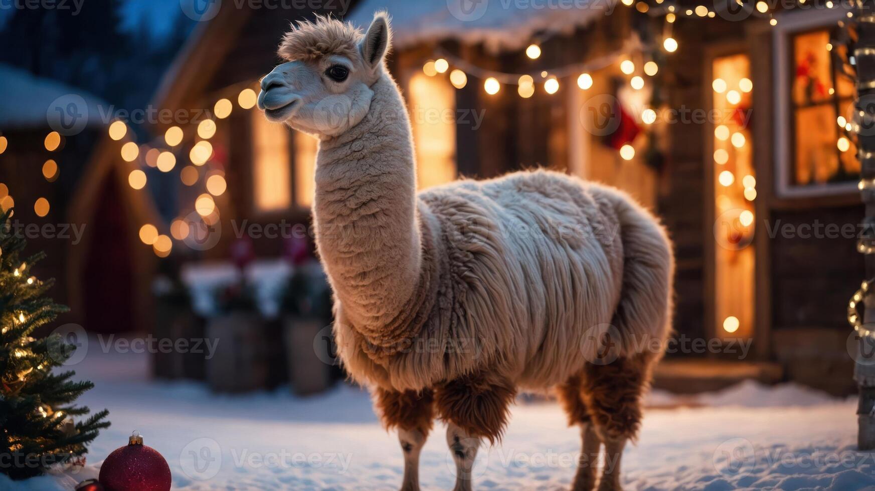 A cozy winter scene featuring a fluffy llama amidst festive decorations and snow. photo