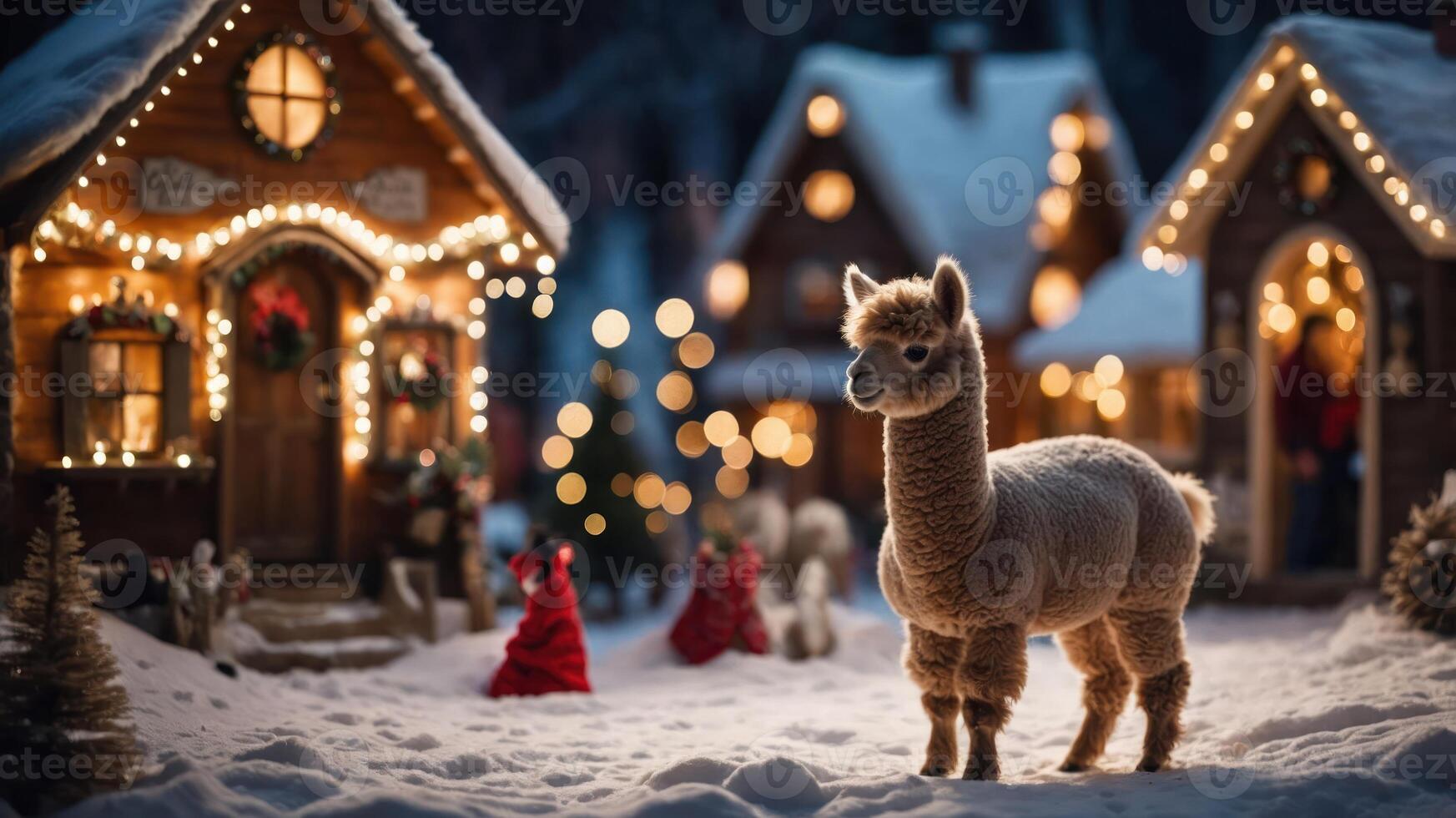 A charming alpaca stands in a snowy village scene adorned with festive lights and decorations. photo