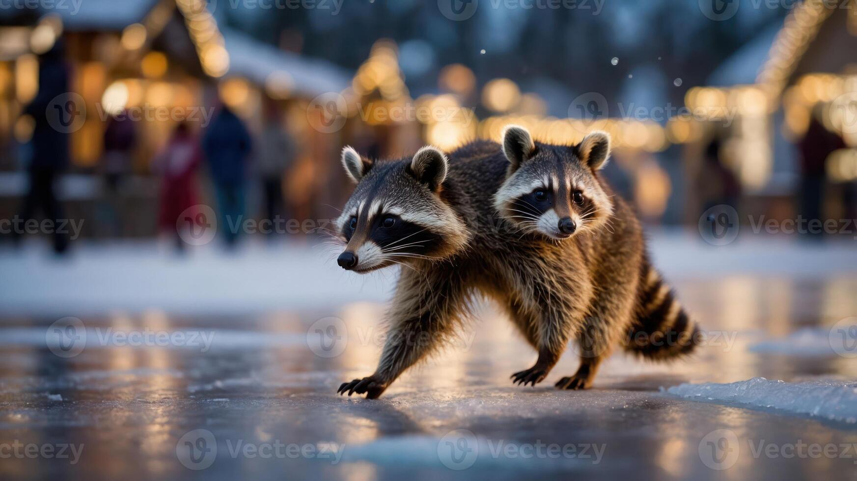 Two raccoons walking on a snowy surface near festive market stalls. photo