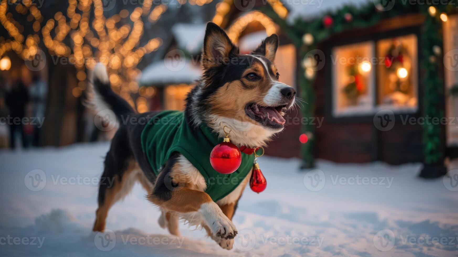A joyful dog in a festive setting, wearing a holiday outfit with decorations in the snow. photo
