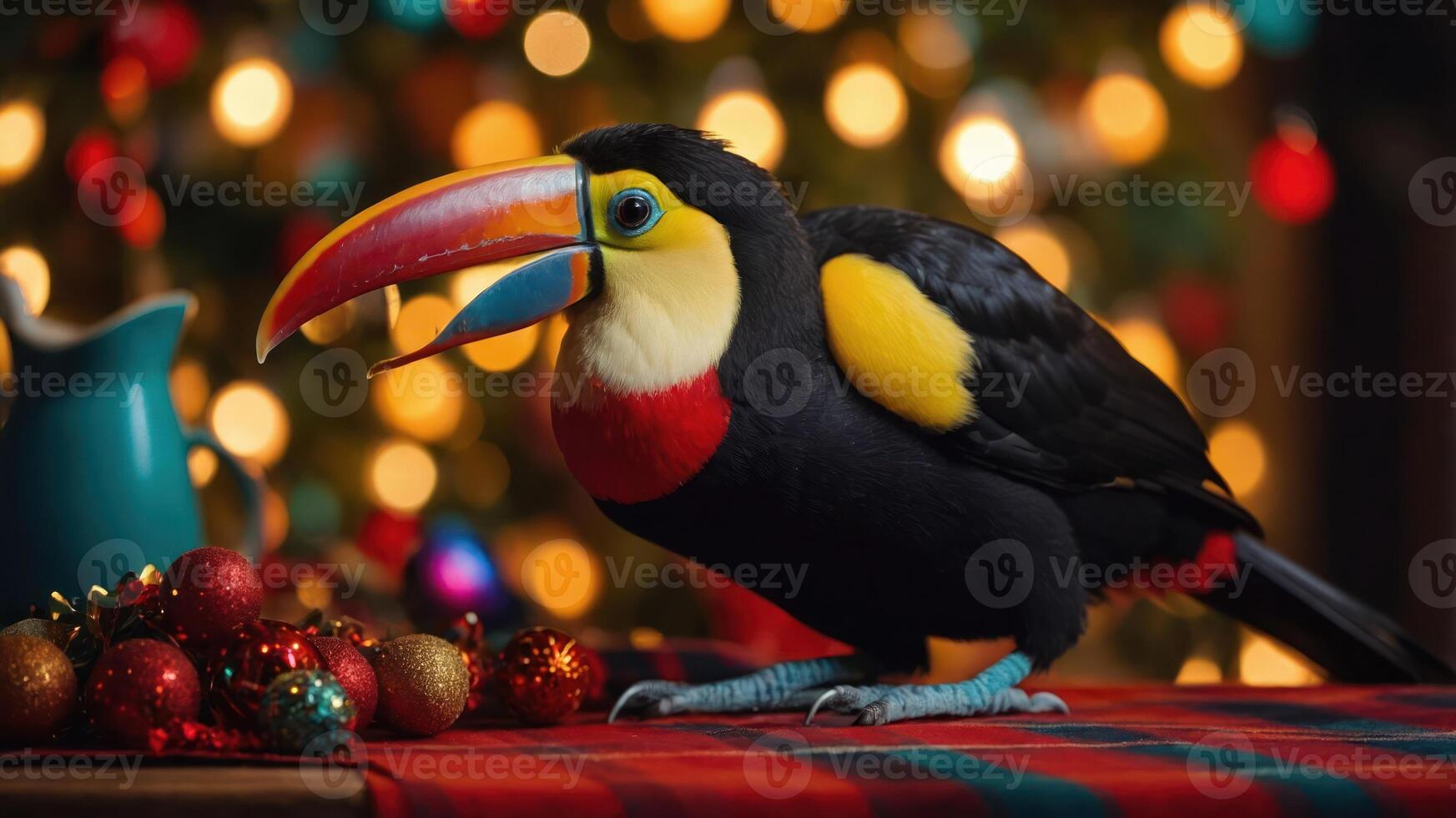 A colorful toucan perched on a table with festive decorations and a blurred background. photo