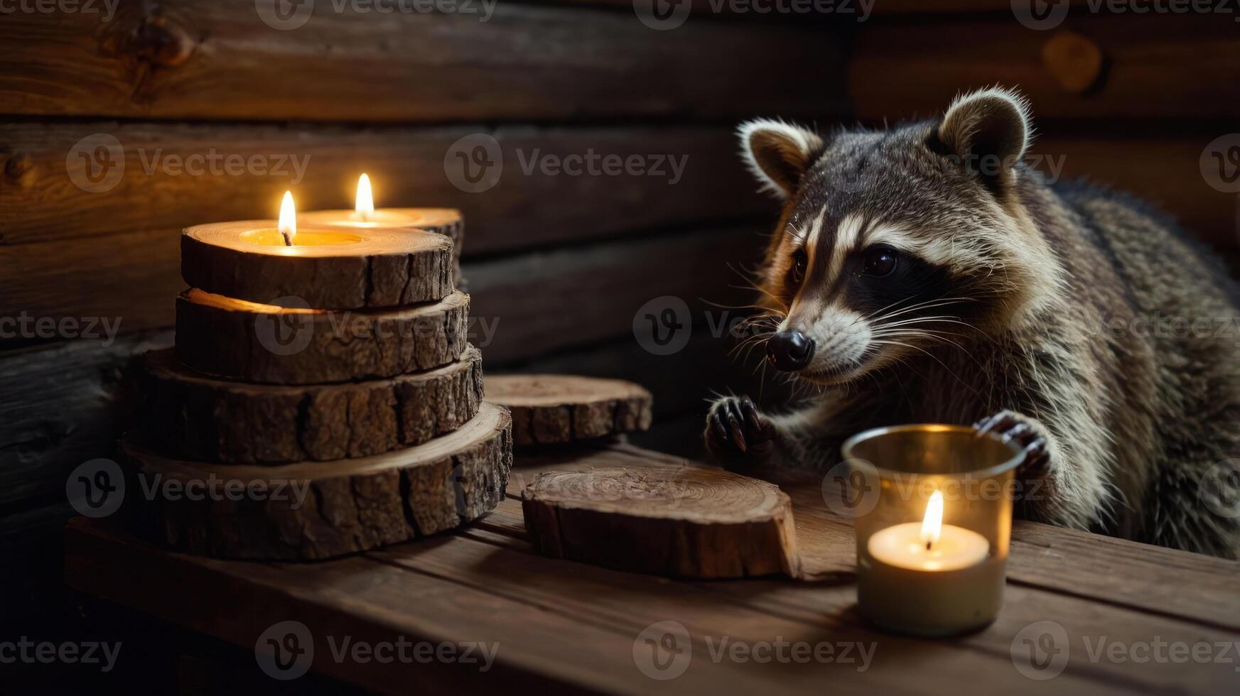A raccoon curiously examines candles on wooden logs in a cozy, rustic setting. photo