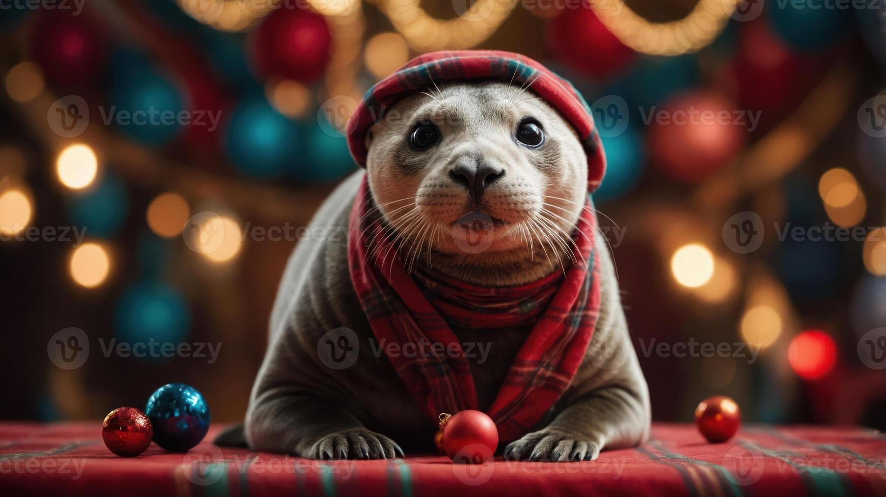 A festive seal wearing a hat and scarf, surrounded by holiday decorations. photo