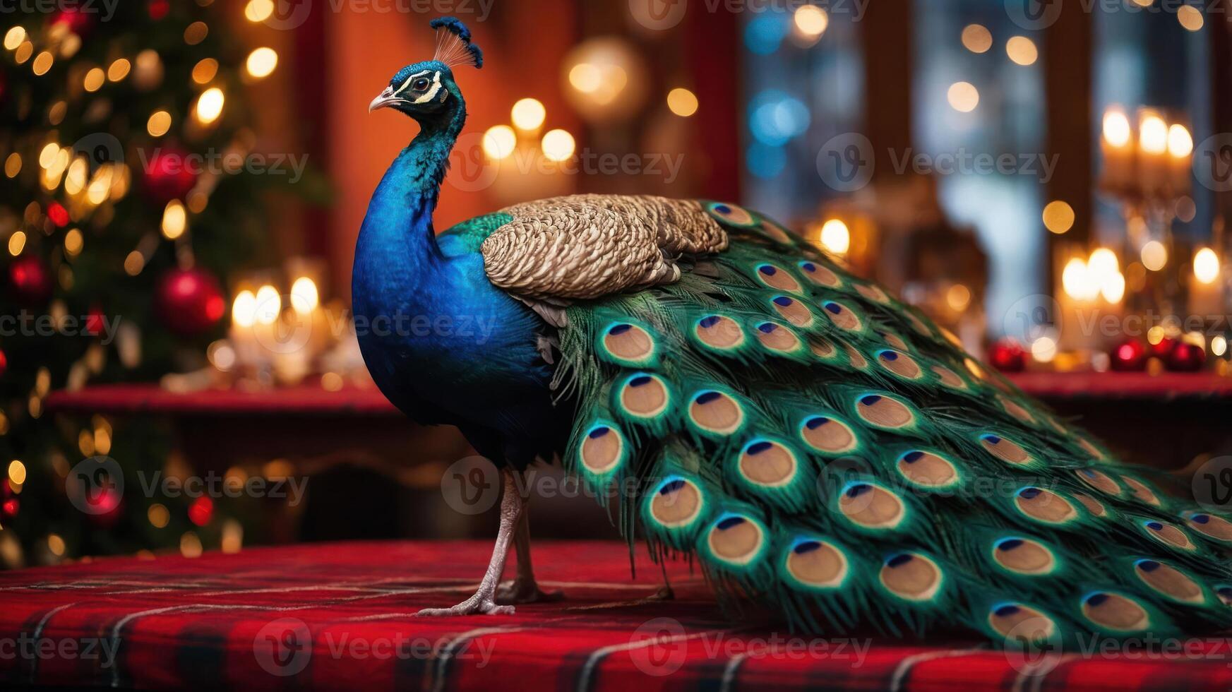A vibrant peacock stands elegantly on a table adorned with festive decorations. photo