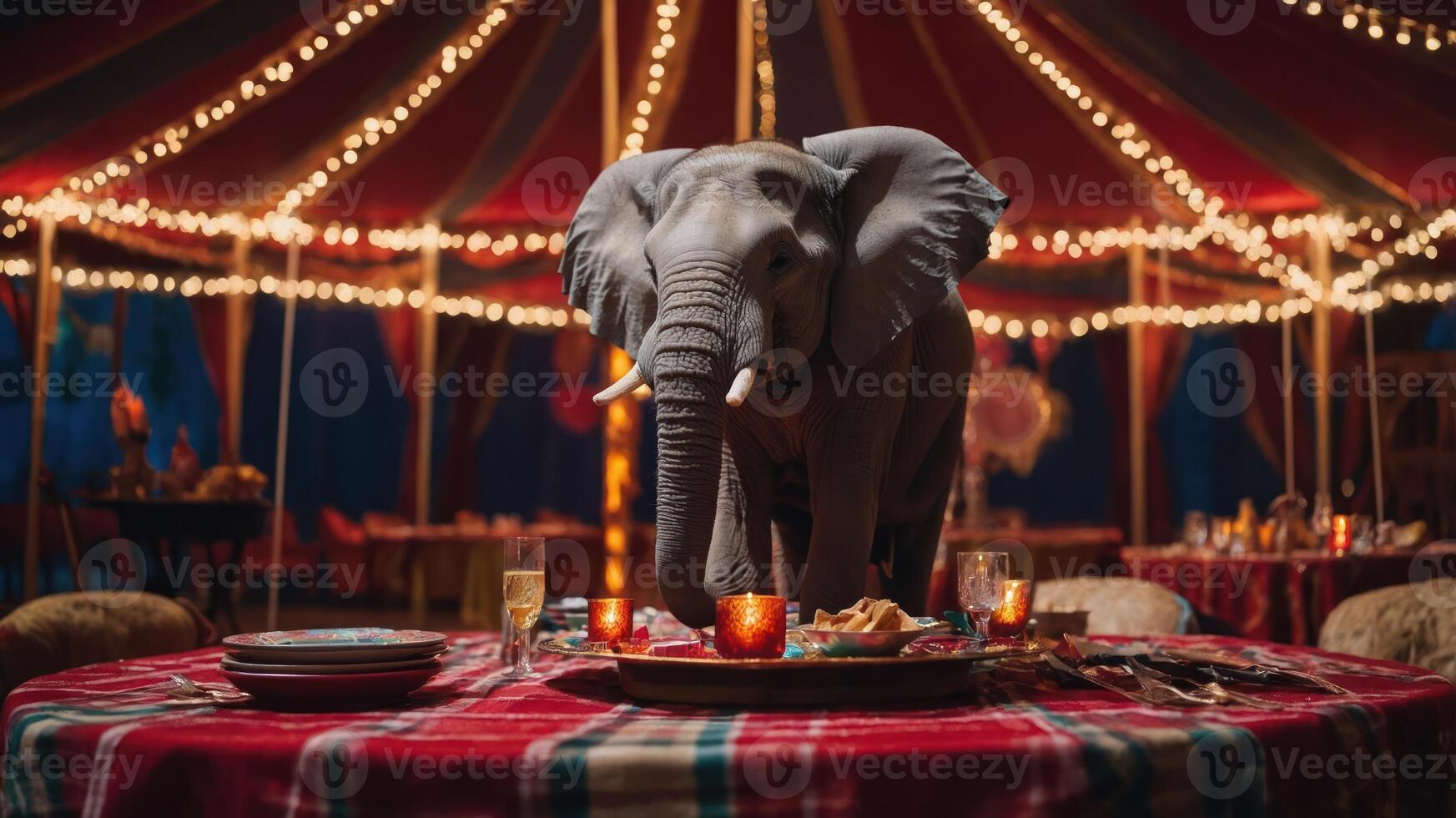 An elephant stands on a table in a festive tent, surrounded by food and decorations. photo