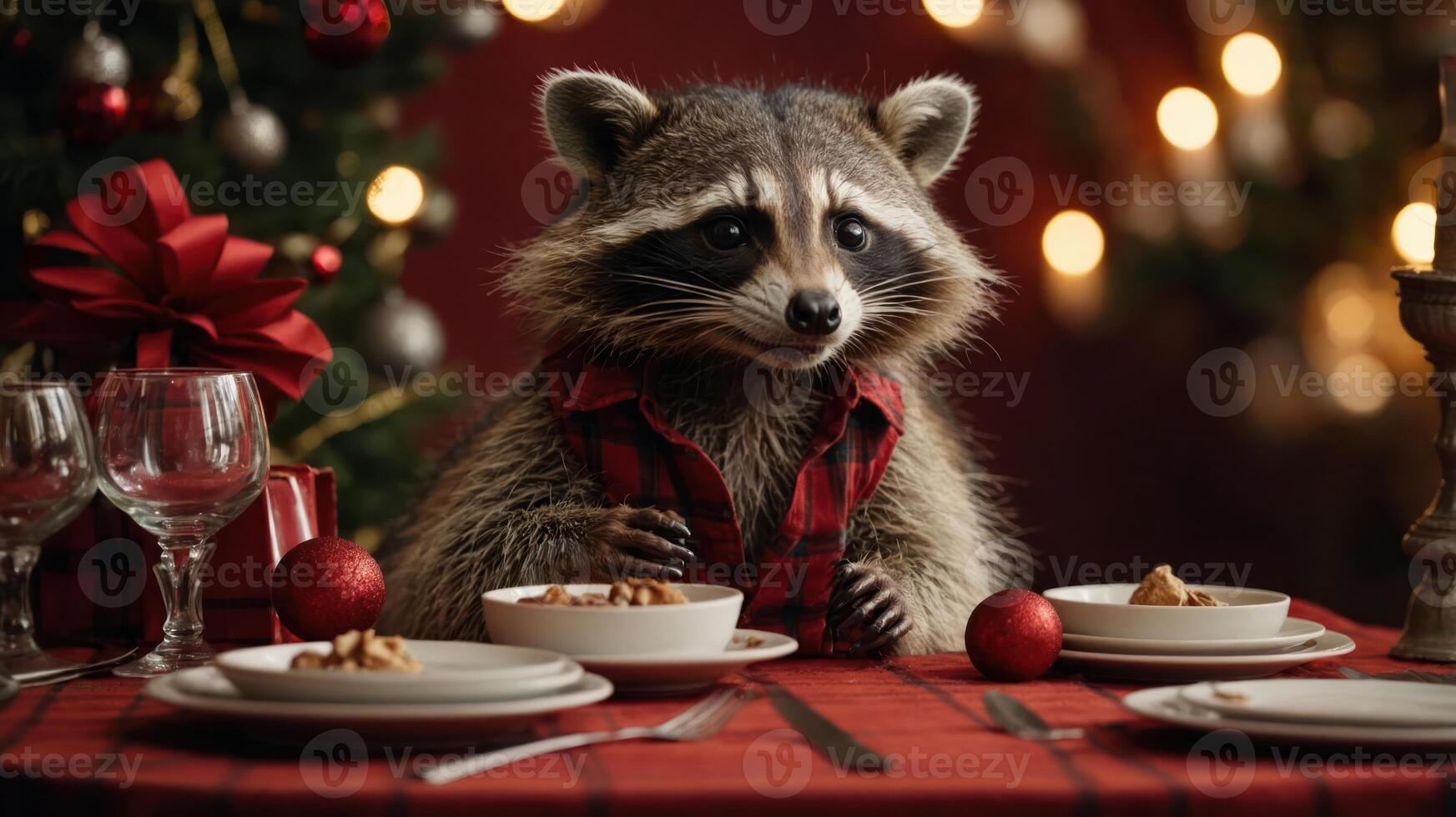 A raccoon in a plaid shirt sits at a festive table, ready for a holiday meal. photo