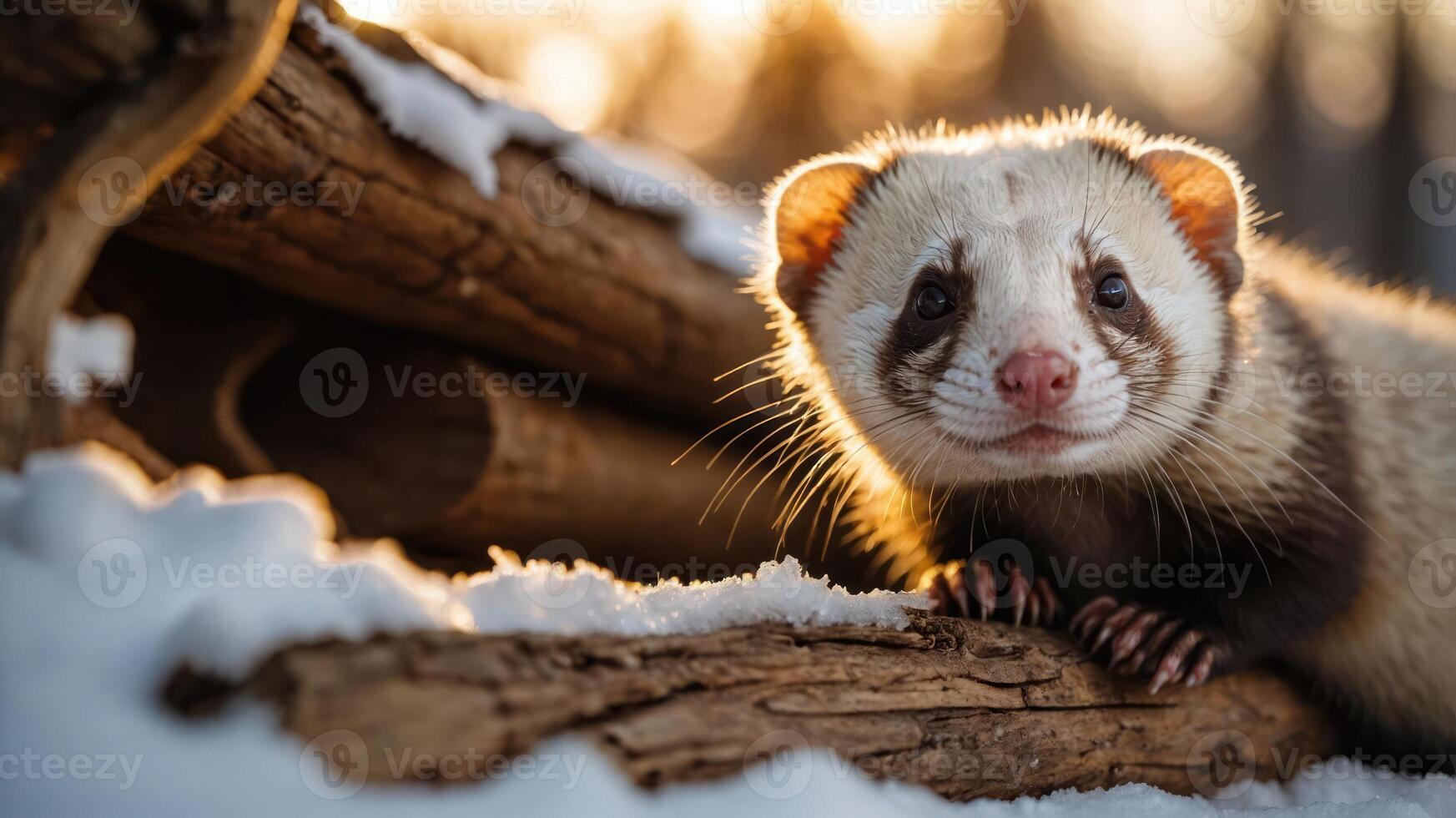 A close-up of a ferret on snow-covered logs, capturing its curious expression in a natural setting. photo