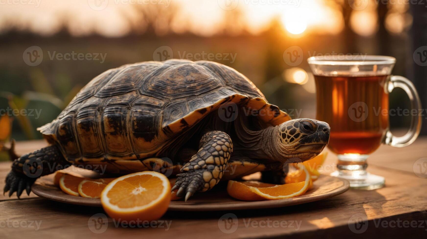 A turtle resting on a plate with orange slices beside a cup of tea at sunset. photo