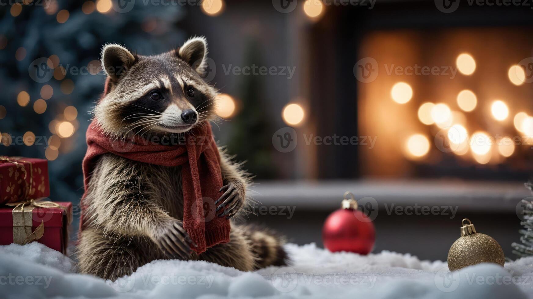A raccoon in a festive setting, wearing a scarf, surrounded by holiday decorations. photo
