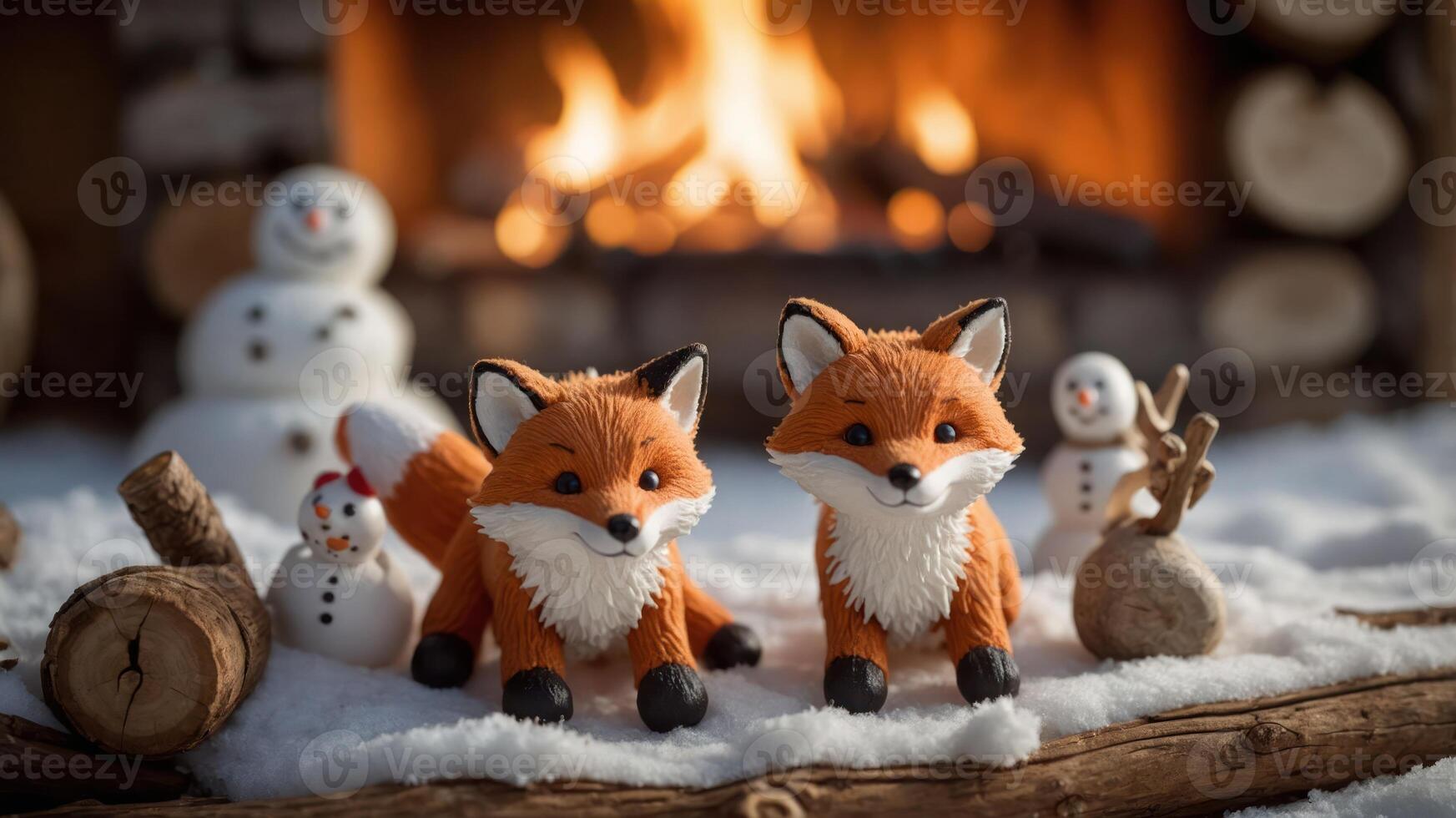 Two fox figurines in a snowy setting with snowmen and a cozy fireplace. photo