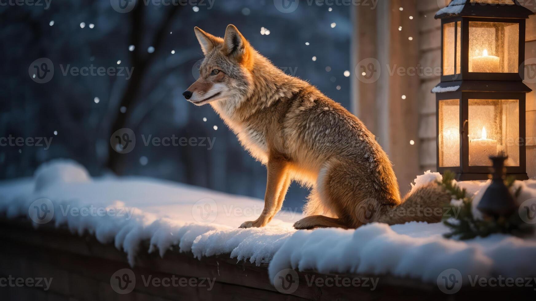 A coyote sits on a snowy ledge beside a lantern, creating a serene winter scene. photo
