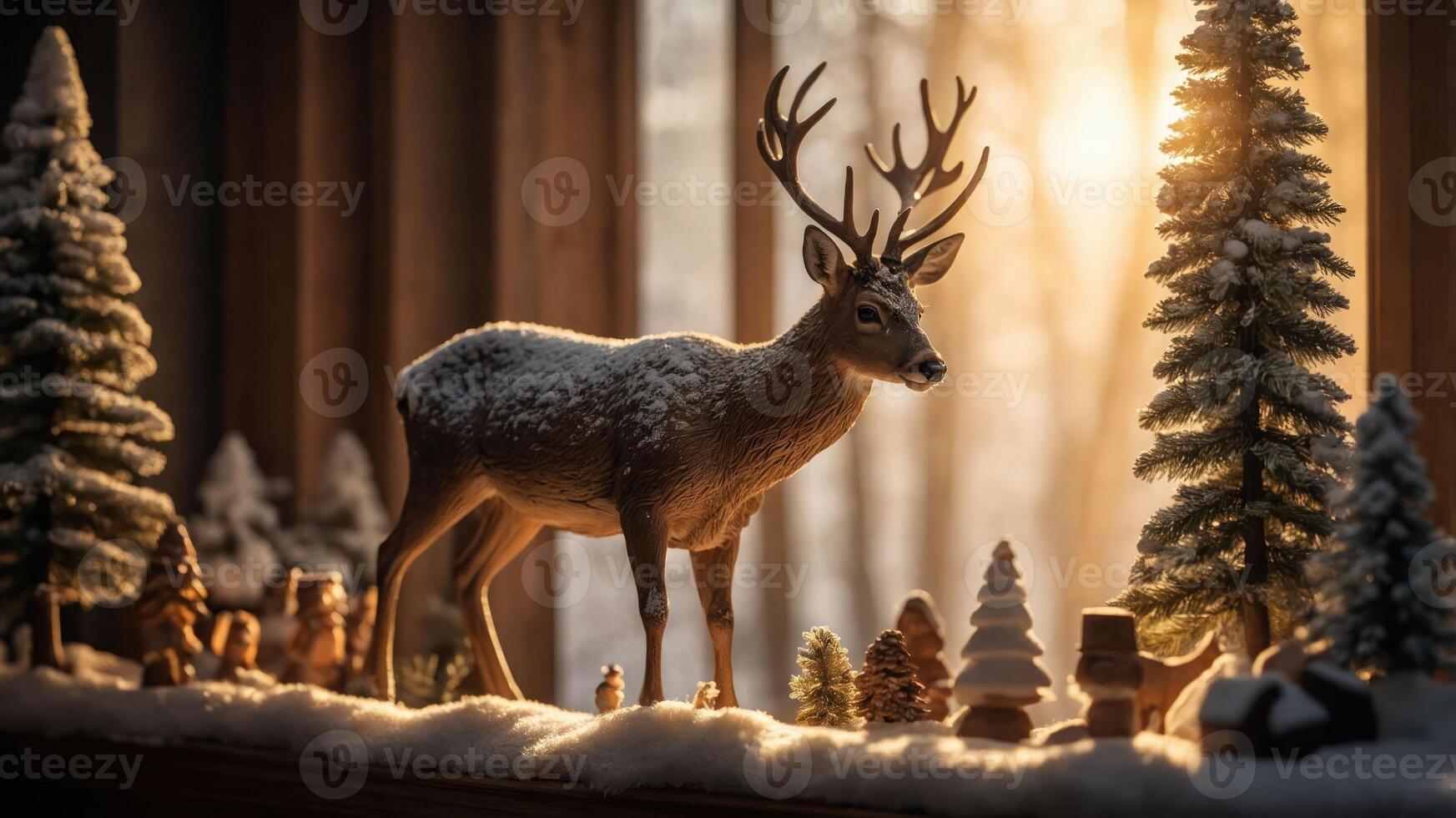 A serene winter scene featuring a deer figurine amidst snow-covered trees and decorations. photo