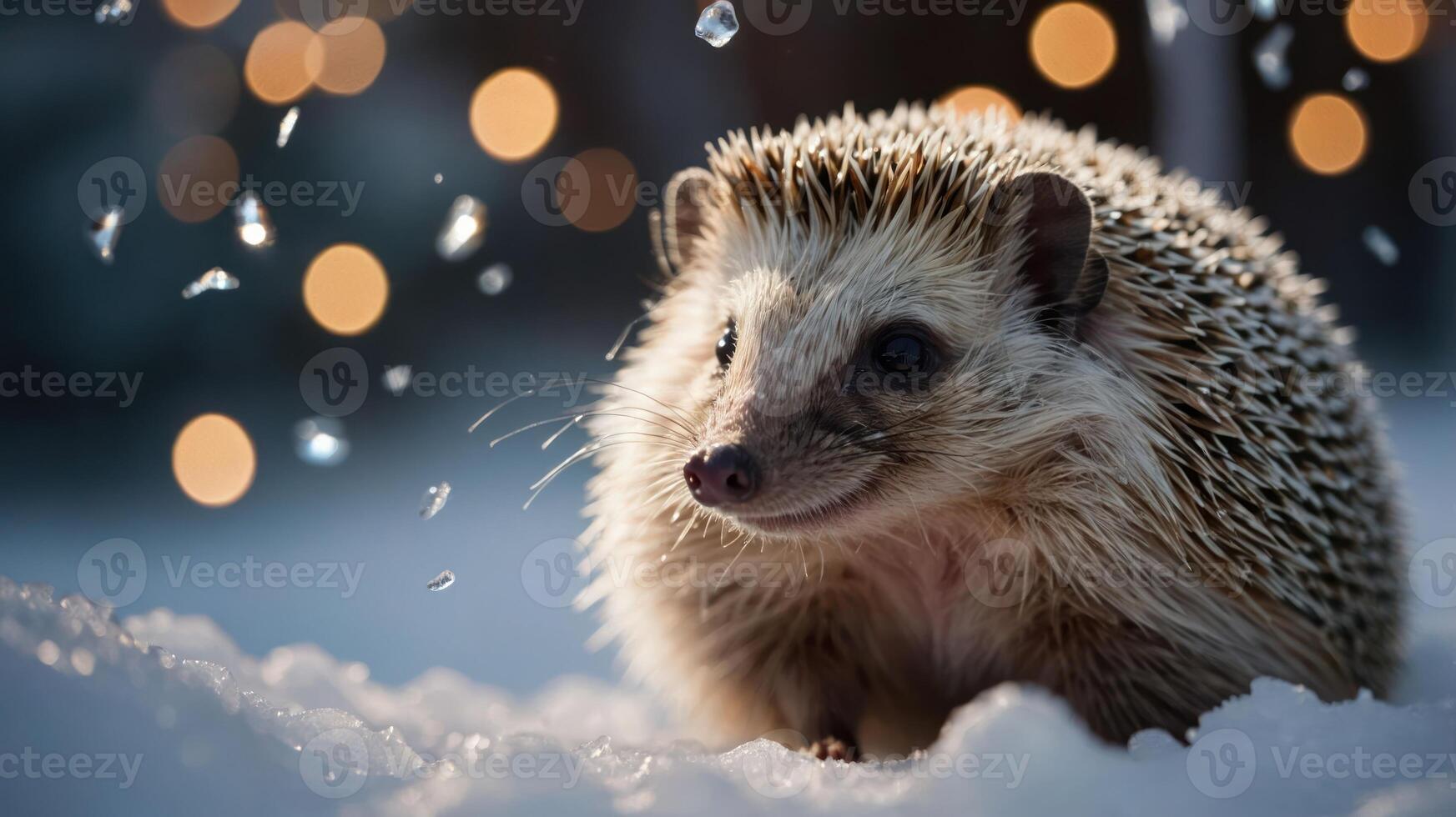 A close-up of a hedgehog in the snow with sparkling droplets and soft bokeh lights. photo