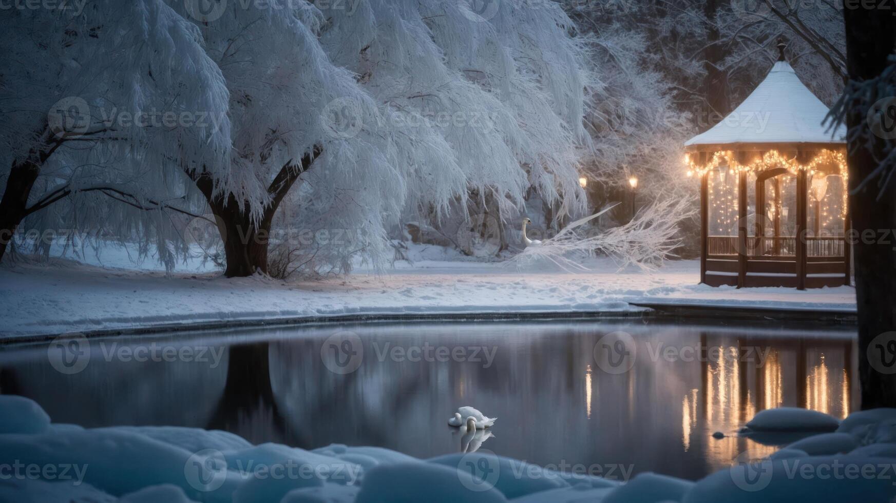 A serene winter scene featuring a gazebo, snow-covered trees, and a calm pond. photo