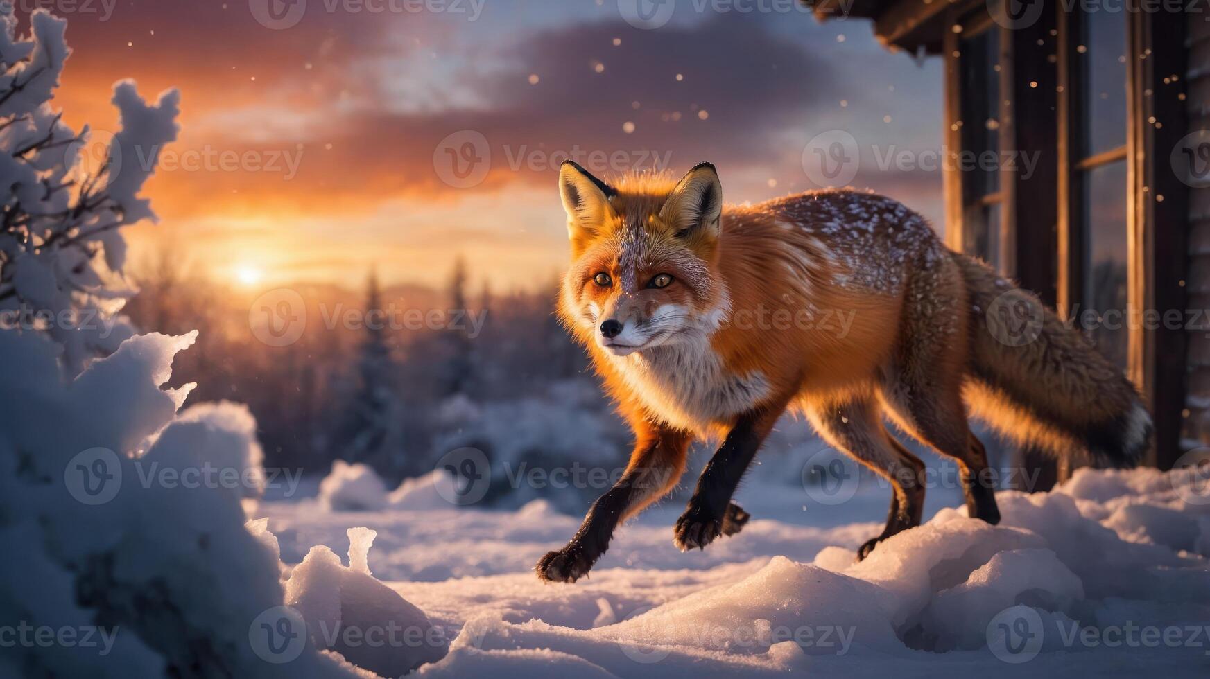 A fox walking through snow at sunset, showcasing nature's beauty and wildlife. photo
