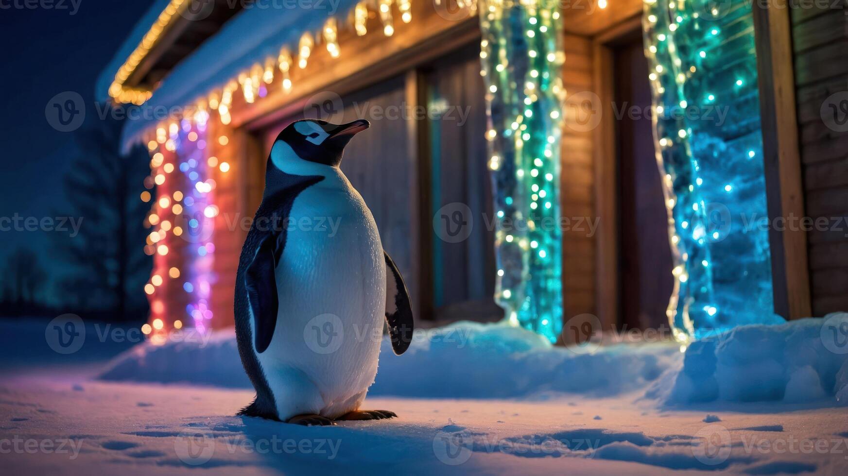 A penguin stands in the snow near a house adorned with colorful holiday lights. photo