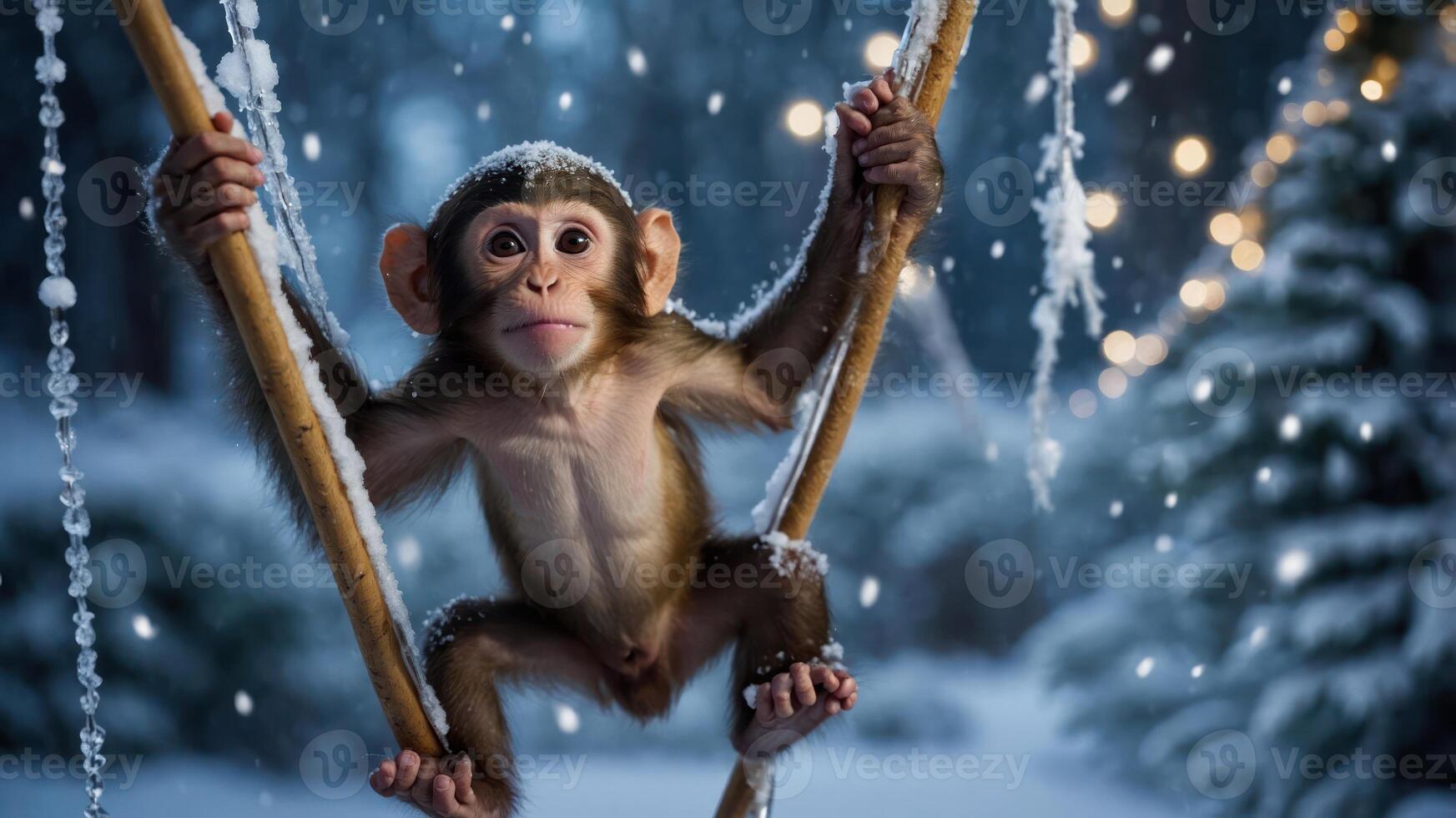A playful monkey swings amidst a snowy landscape with twinkling lights. photo