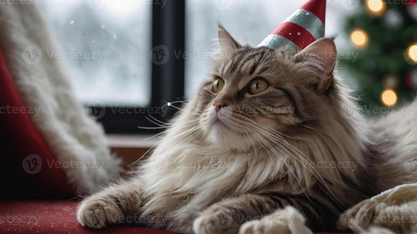 A festive cat wearing a party hat, lounging comfortably by a window during the holidays. photo