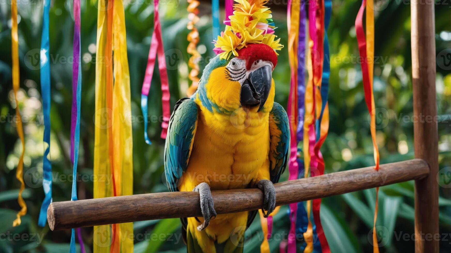 A colorful parrot perched on a branch, adorned with a festive crown amidst vibrant decorations. photo