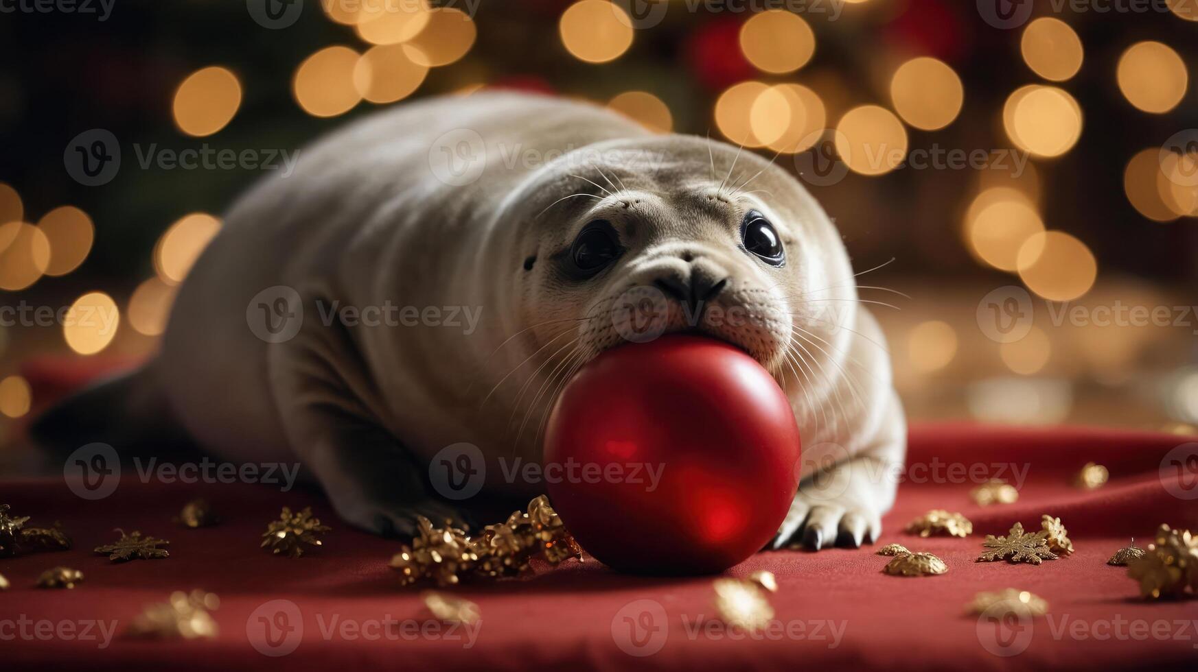 A playful seal resting on a festive table with a red ornament, surrounded by holiday lights. photo