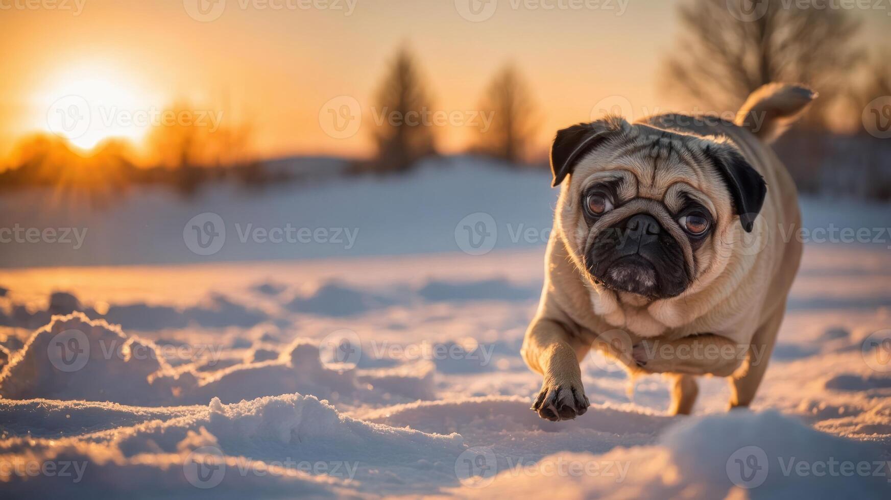 A pug walking through snow at sunset, capturing a serene winter moment. photo